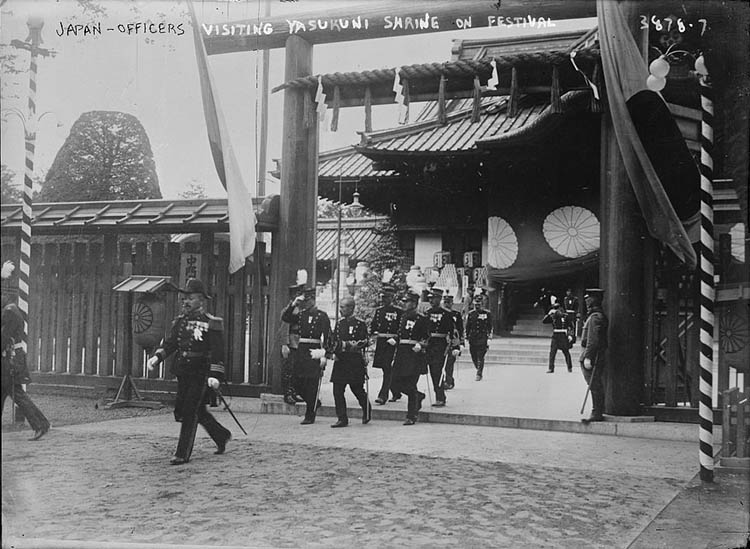 Officers visiting Yasukuni Shrine on festival. Yasukuni is a shinto shrine in Chiyoda, Tokyo, which honors people who died in service of Japan.